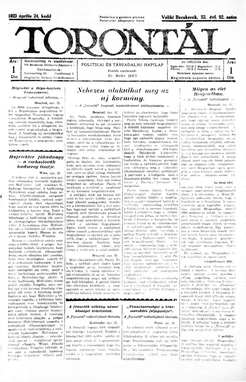 Torontál, 52. évf. 1923. április 24. 92. sz.