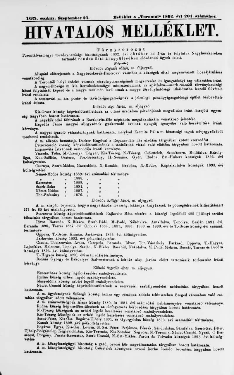A Totontál  hivatalos melléklete, 5. évf. 1892. szeptember 27. 165. sz.