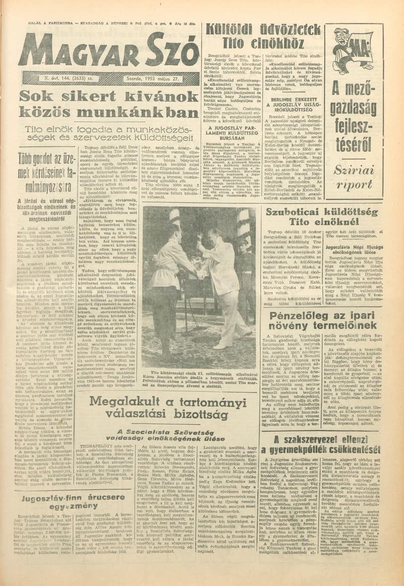 Magyar Szó, 10. évf. 1953. május 27. 144. sz. 1–10. oldal