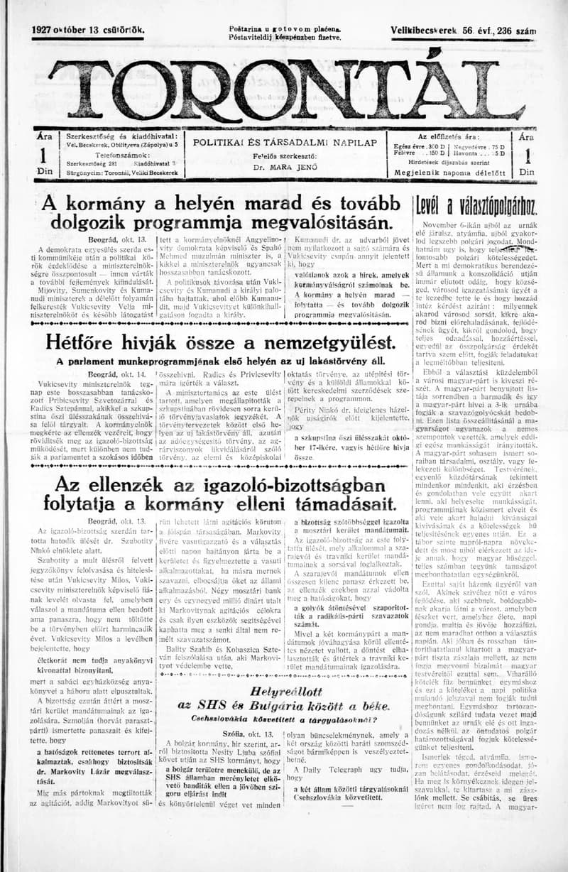 Torontál, 56. évf. 1927. október 13. 236. sz.
