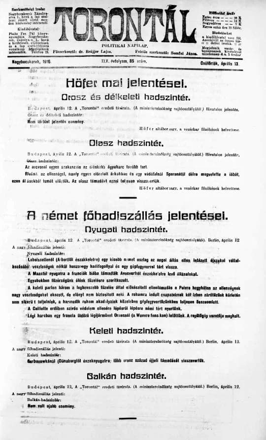 Torontál, 45. évf. 1916. április 13. 85. sz.