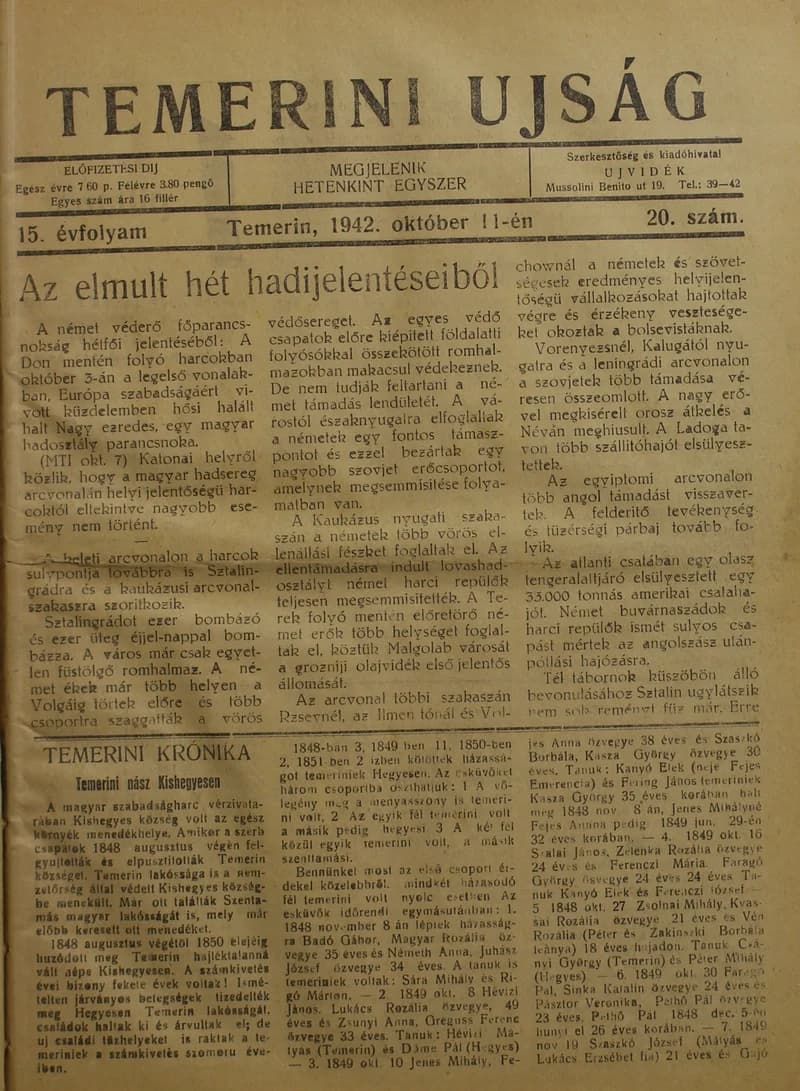 Temerini Újság 1928-1944, 15. évf. 1942. október 11. 20. sz.
