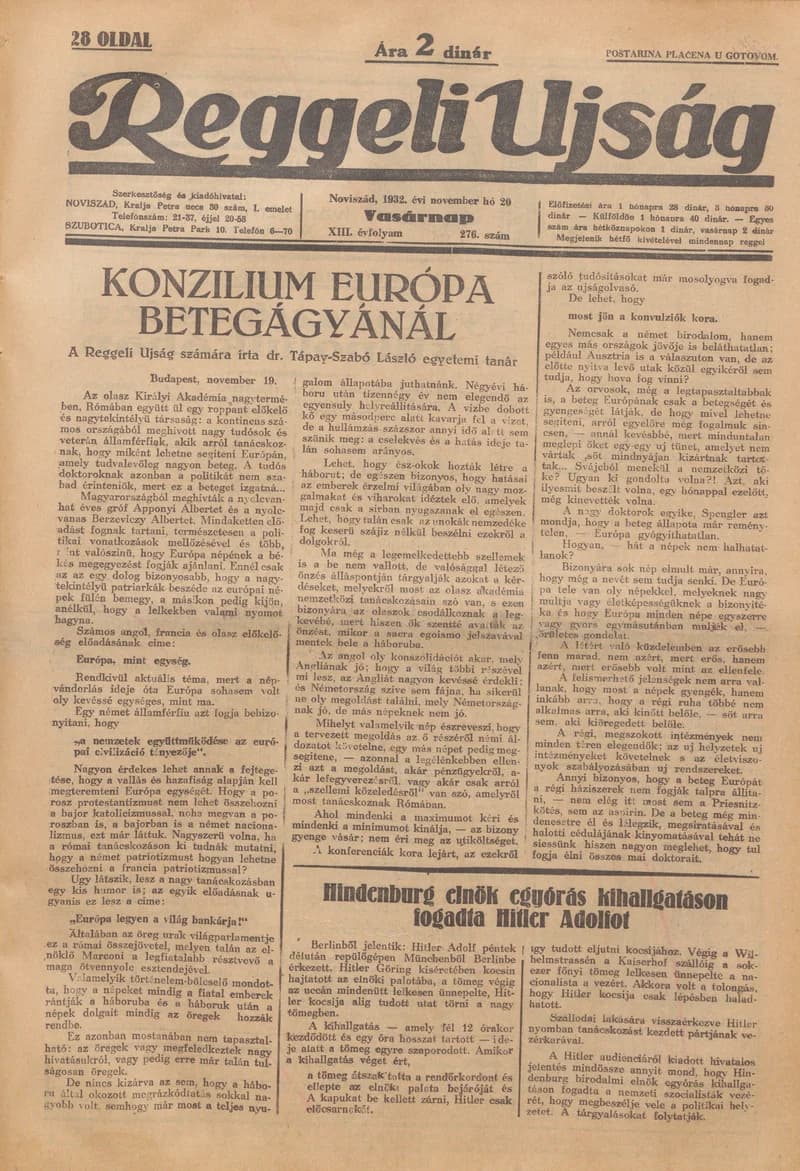 Reggeli Újság, 13. évf. 1932. november 20. 276. sz.