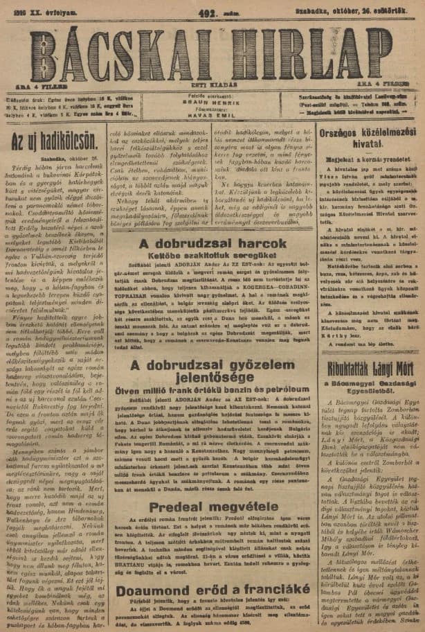 Bácskai Hirlap, 20. évf. 1916. október 26. 492. sz.
