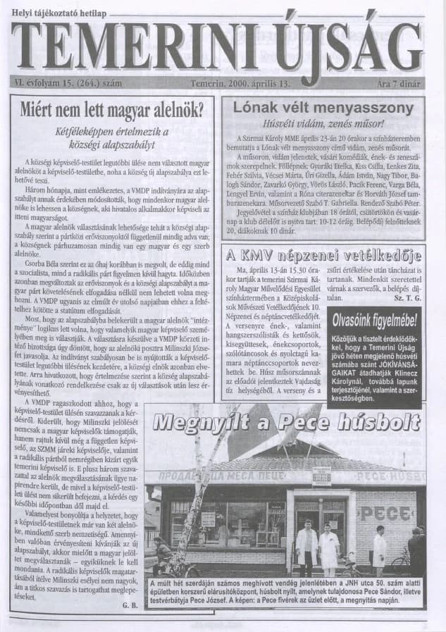 Temerini Újság, 6. évf. 2000. április 13. 15. sz.