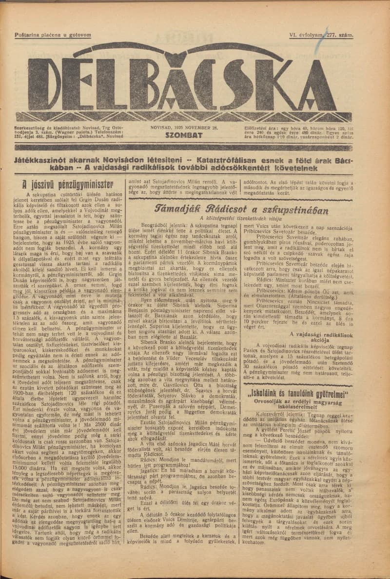 Délbácska, 6. évf. 1925. november 28. 277. sz.