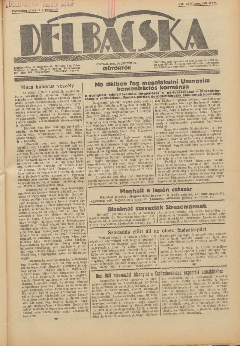 Délbácska, 7. évf. 1926. december 16. 290. sz.