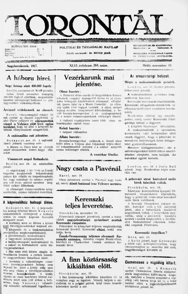 Torontál, 46. évf. 1917. november 19. 264. sz.