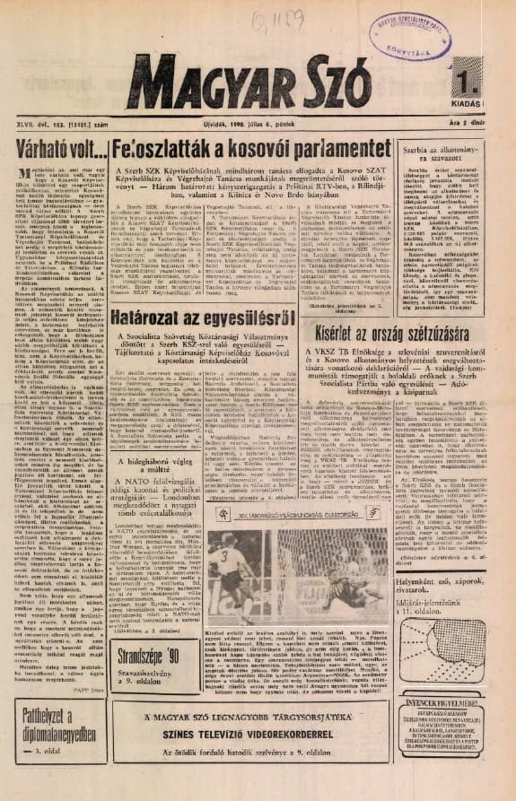 Magyar Szó, 47. évf. 1990. július 6. 183. sz. 1–20. oldal