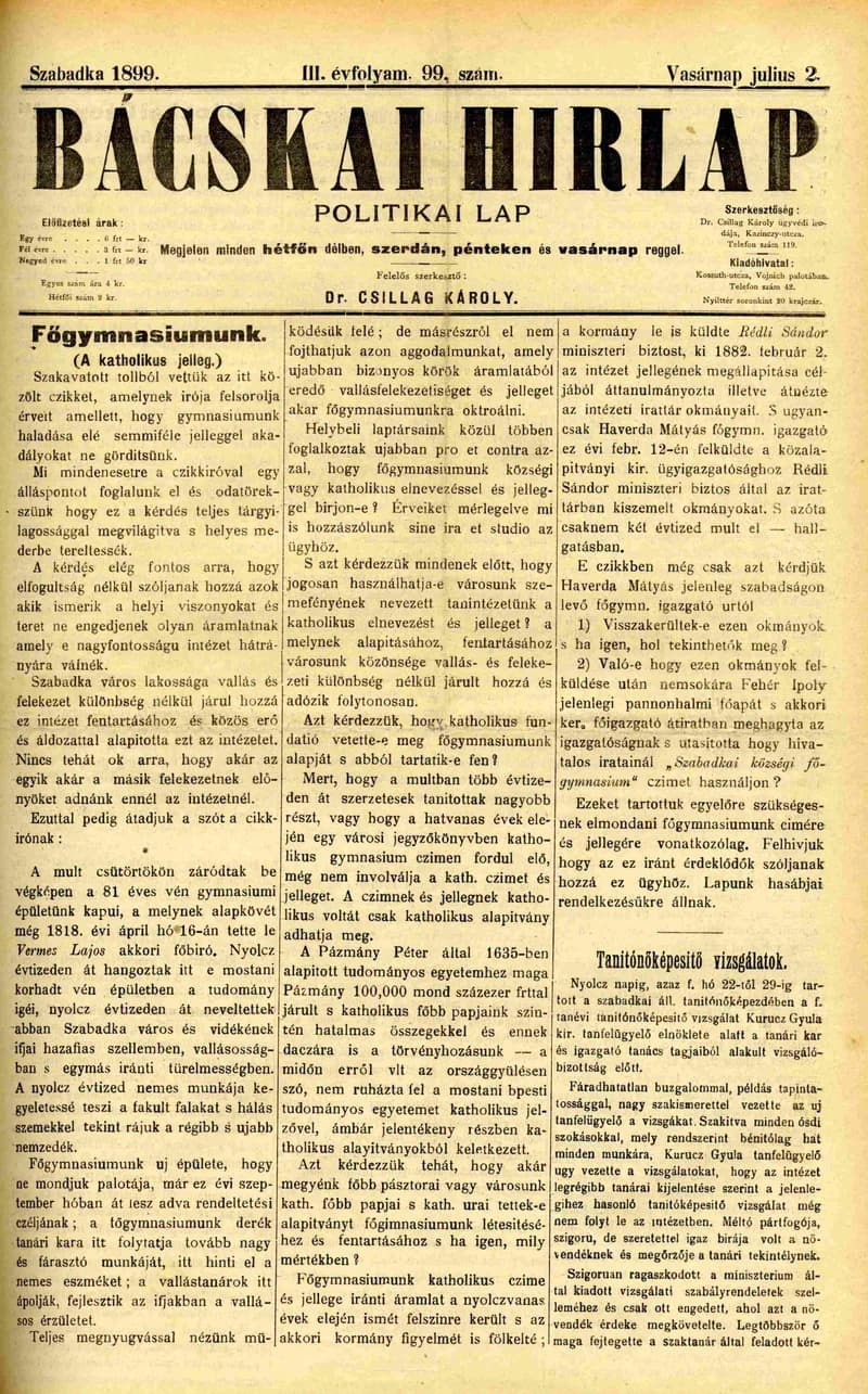 Bácskai Hirlap, 3. évf. 1899. július 2. 99. sz.