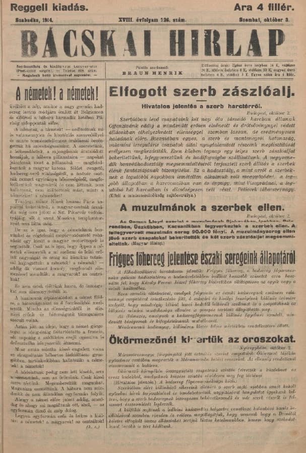 Bácskai Hirlap, 18. évf. 1914. október 3. 226. sz.