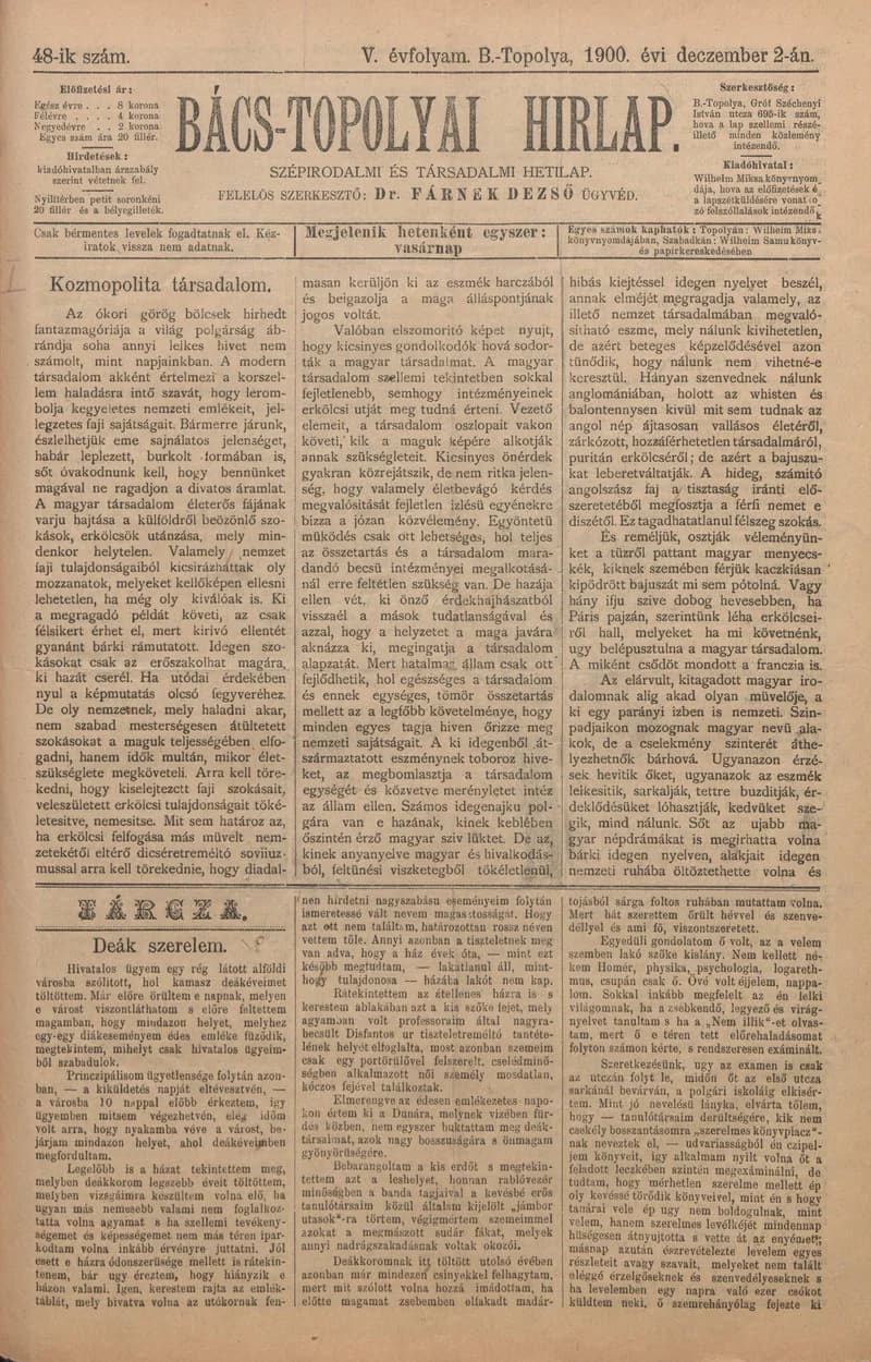 Bács-Topolyai Hirlap, 5. évf. 1900. december 2. 48. sz.