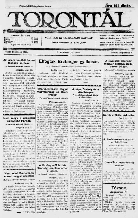Torontál, 50. évf. 1921. szeptember 2. 191. sz.