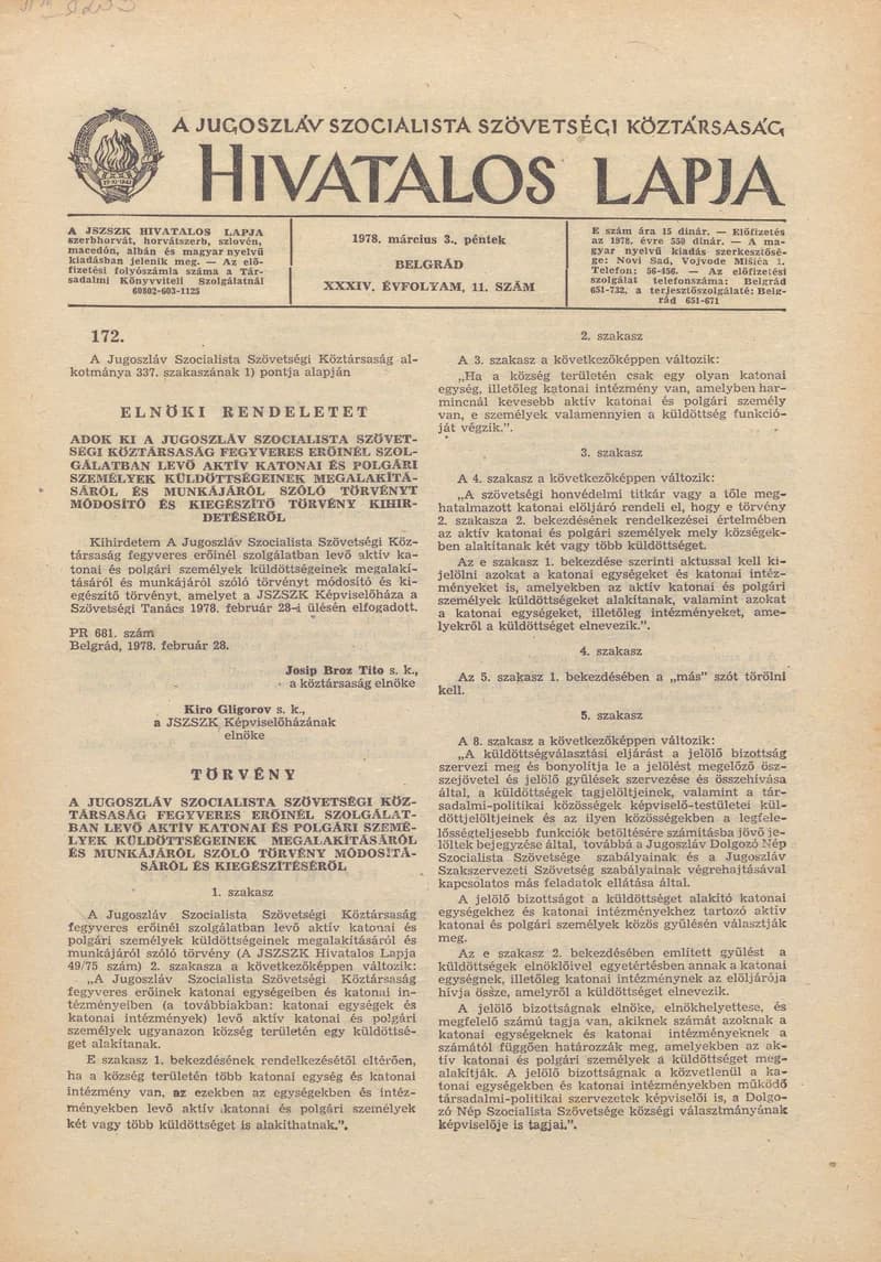 A Jugoszláv Szocialista Szövetségi Köztársaság Hivatalos Lapja, 34. évf. 1978. március 3. 11. sz. 273–332. oldal