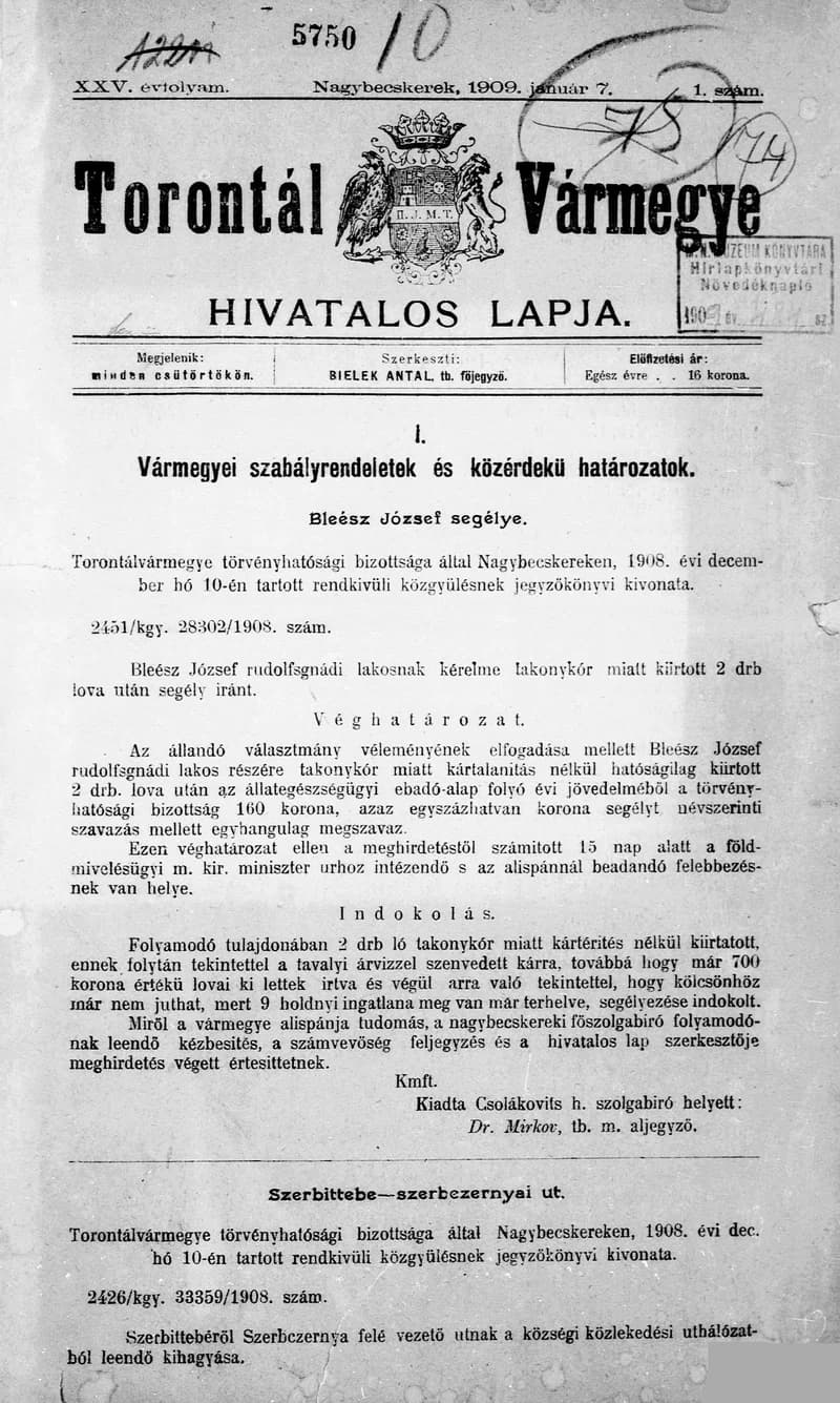Torontál Vármegye Hivatalos Lapja, 25. évf. 1909. január 7. 1. sz.