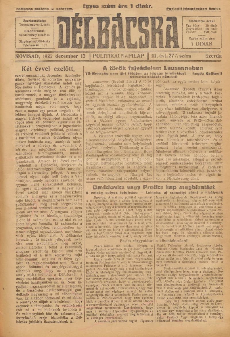 Délbácska, 3. évf. 1922. december 13. 277. sz.