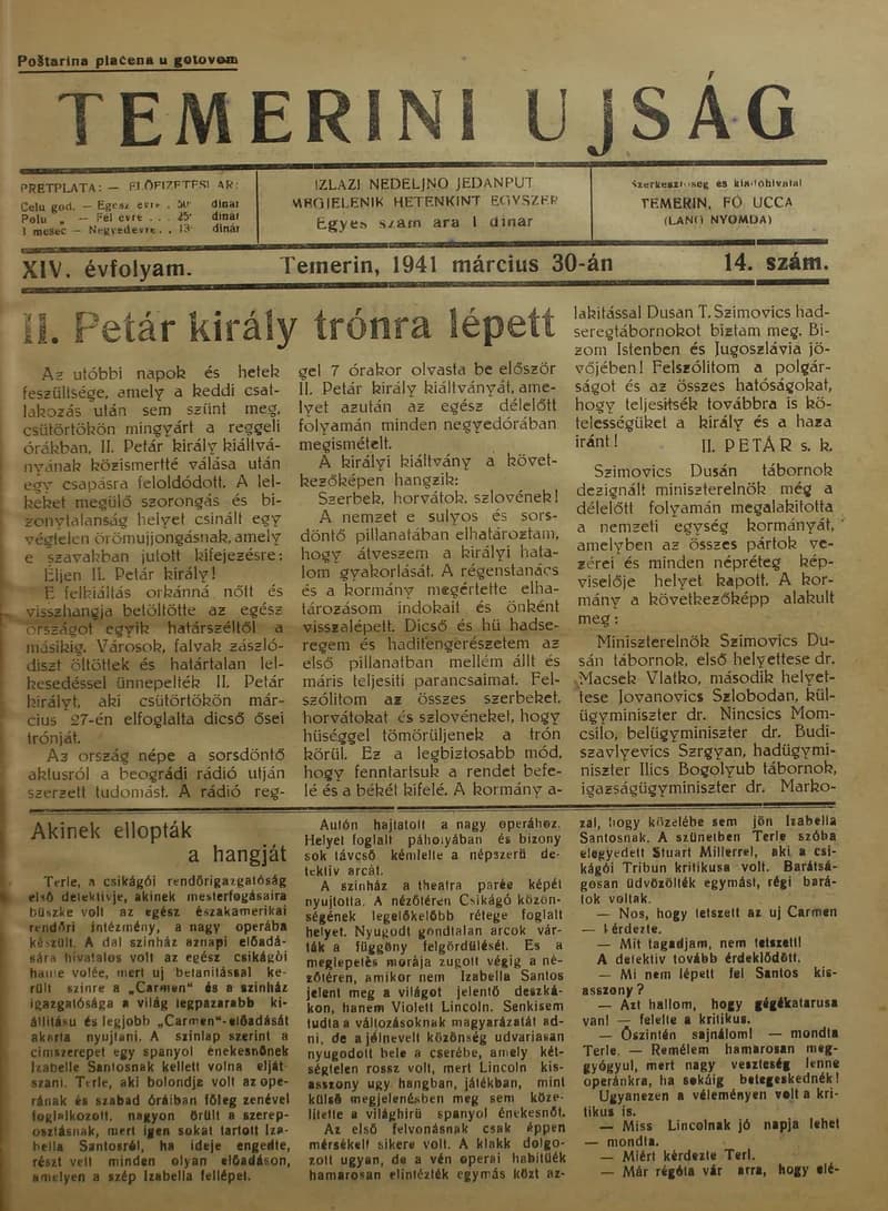 Temerini Újság 1928-1944, 14. évf. 1941. március 30. 14. sz.