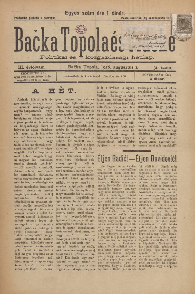 Bačka Topola és Vidéke, 3. évf. 1926. augusztus 1. 31. sz.
