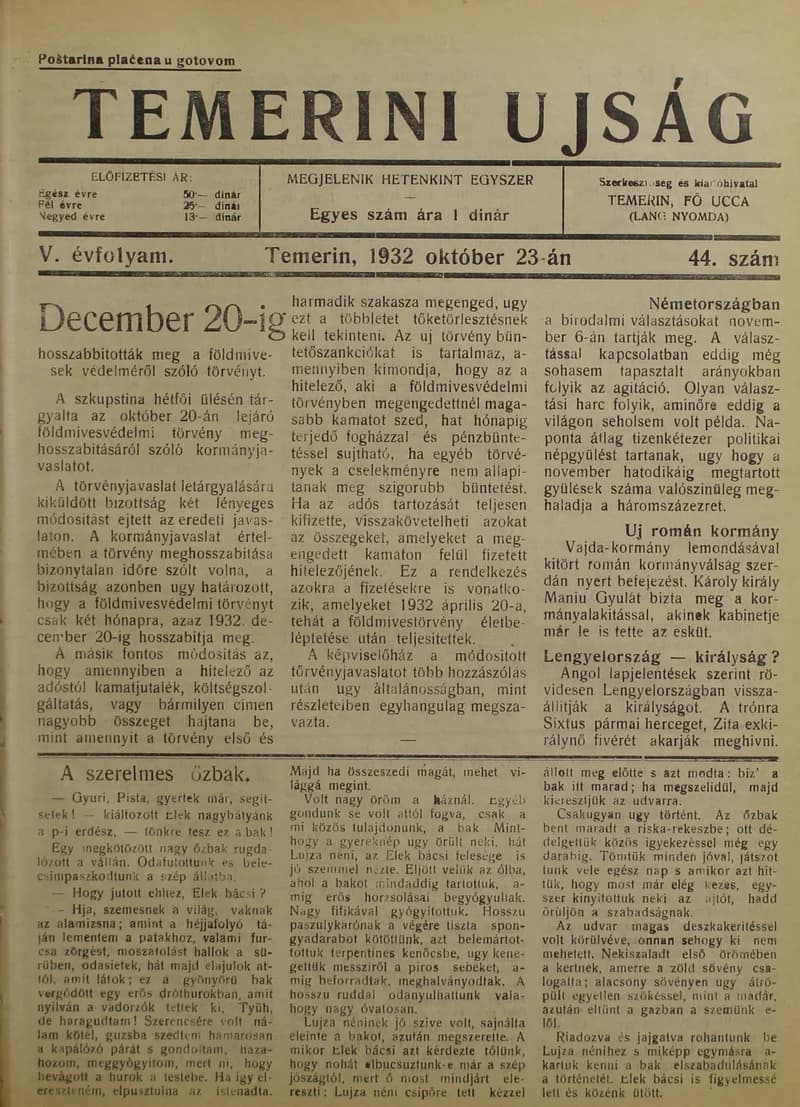 Temerini Újság 1928-1944, 5. évf. 1932. október 23. 44. sz.