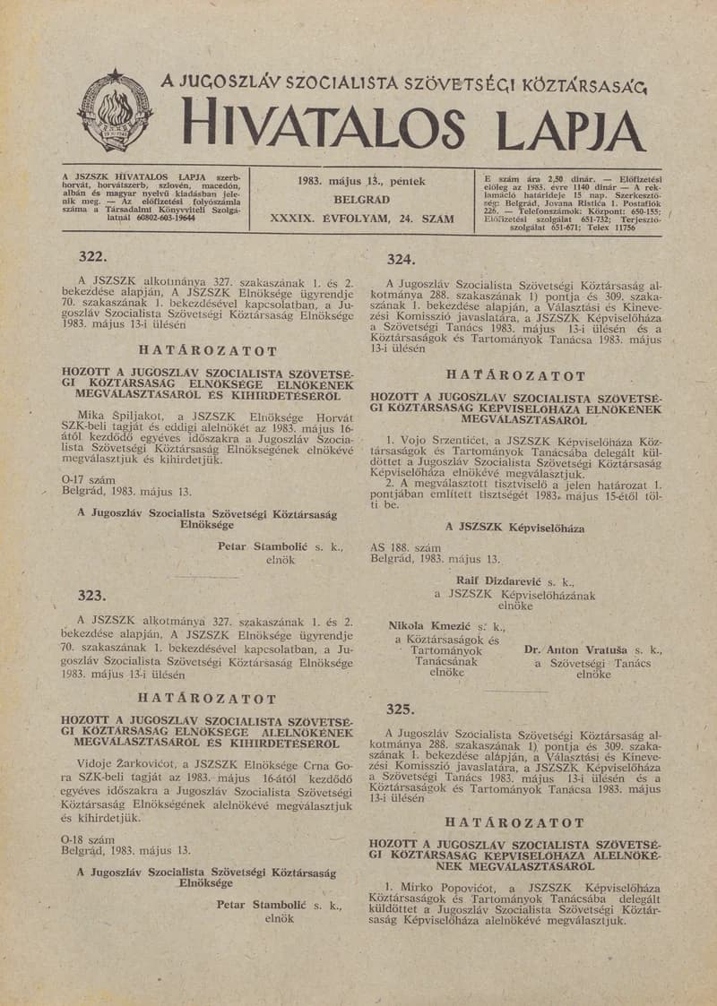 A Jugoszláv Szocialista Szövetségi Köztársaság Hivatalos Lapja, 39. évf. 1983. május 13. 24. sz. 549–552. oldal