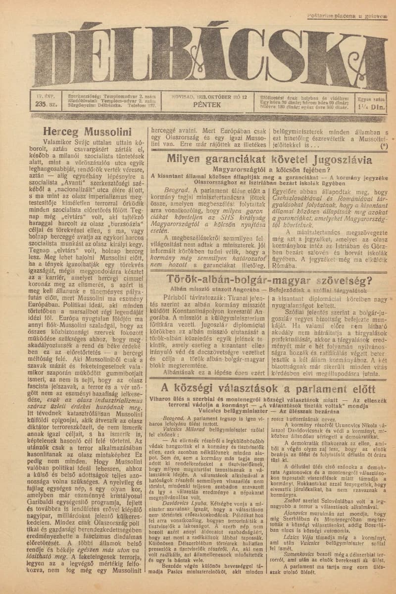 Délbácska, 4. évf. 1923. október 12. 235. sz.