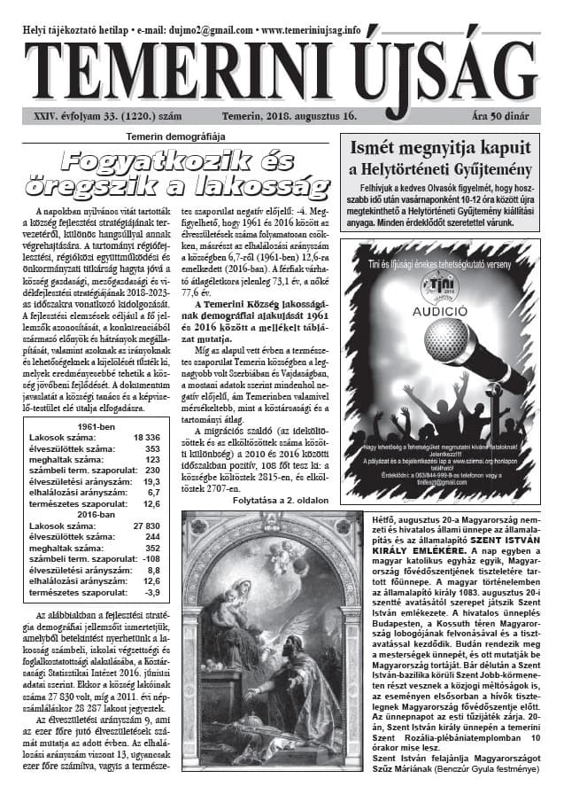 Temerini Újság, 24. évf. 2018. augusztus 16. 33. sz.