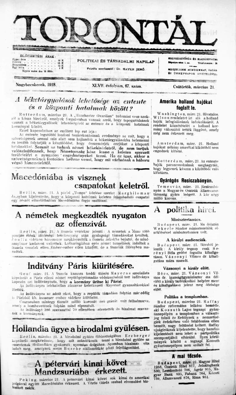 Torontál, 47. évf. 1918. március 21. 67. sz.