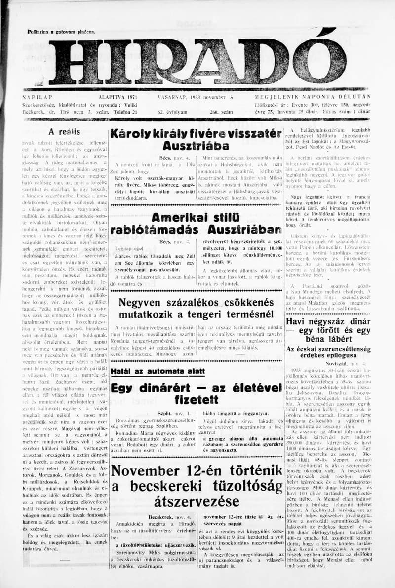 Híradó, 62. évf. 1933. november 5. 260. sz.