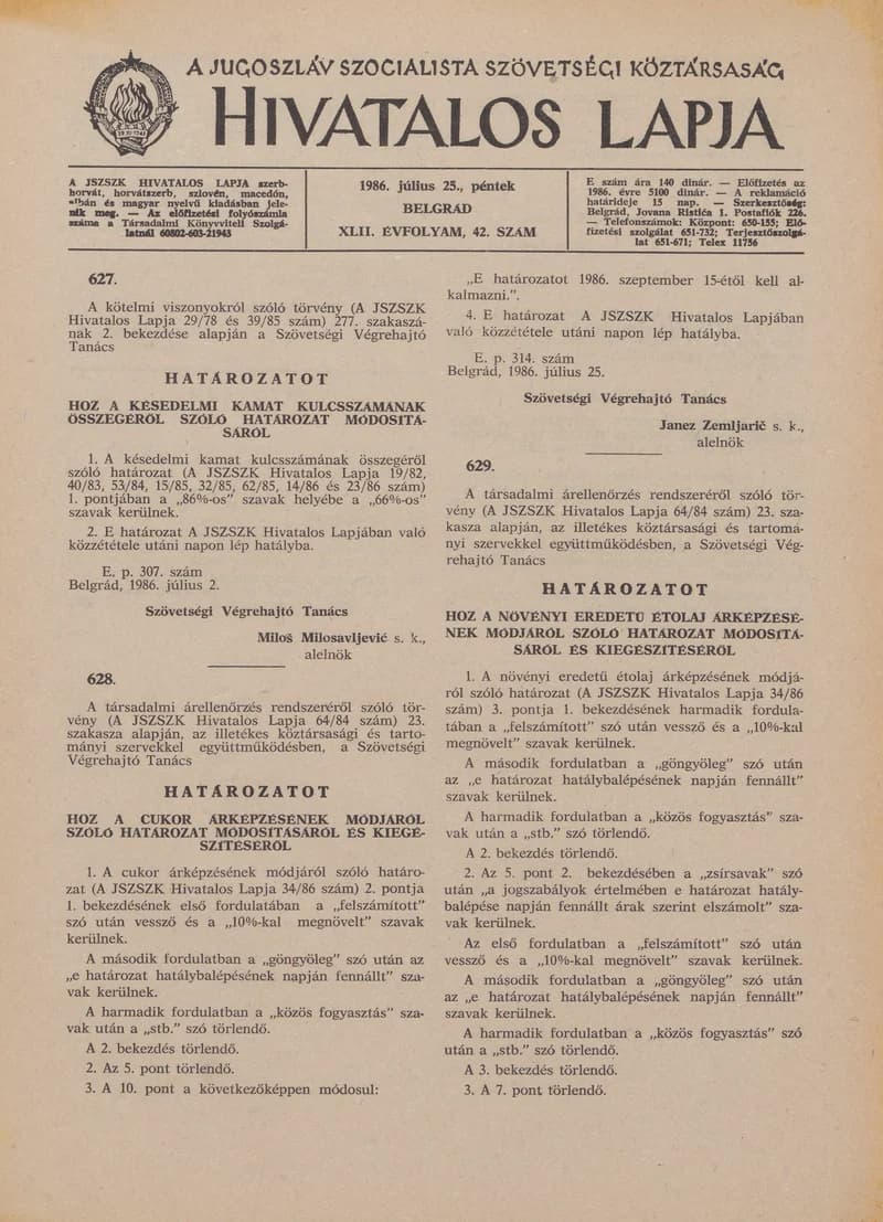 A Jugoszláv Szocialista Szövetségi Köztársaság Hivatalos Lapja, 42. évf. 1986. július 25. 42. sz. 1245–1247. oldal