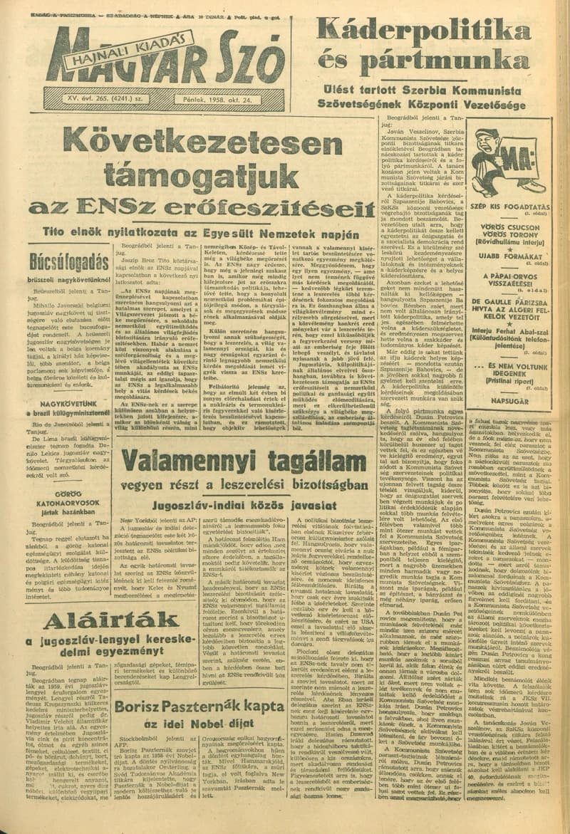 Magyar Szó, 15. évf. 1958. október 24. 265. sz. 1–18. oldal