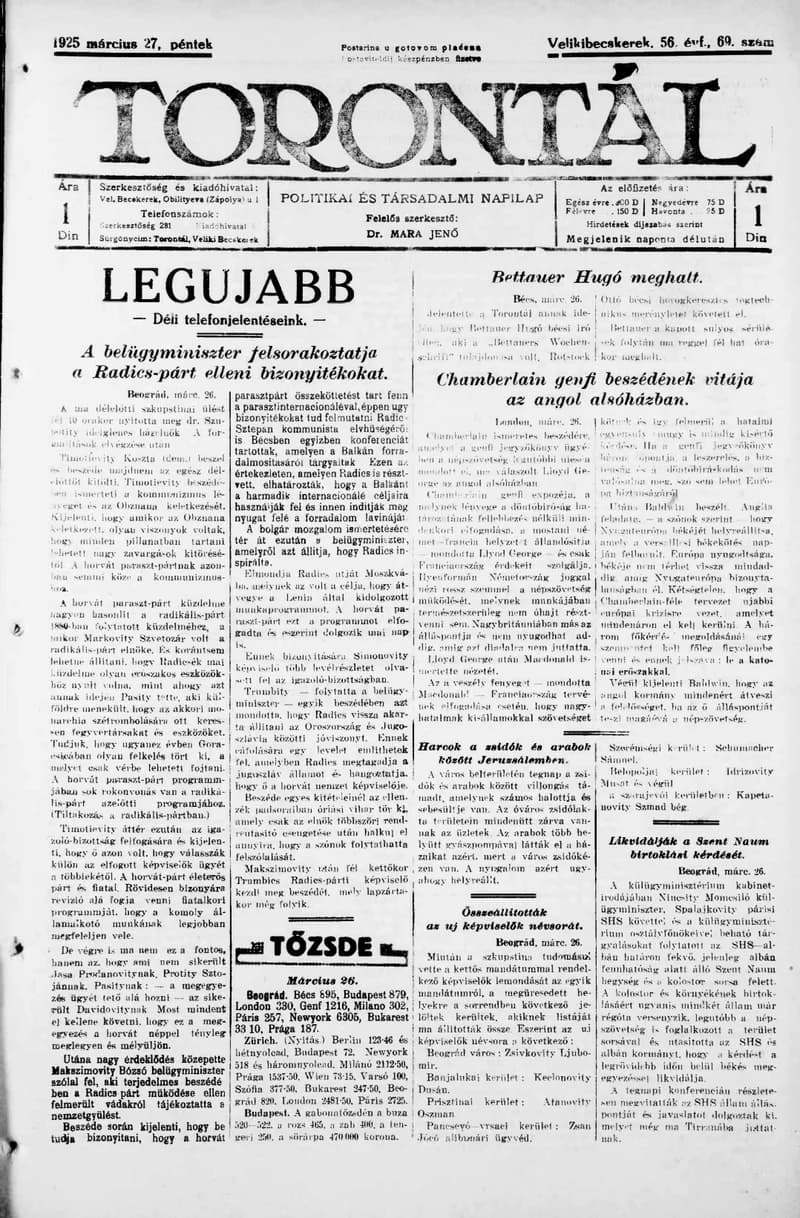 Torontál, 54. évf. 1925. március 27. 69. sz.