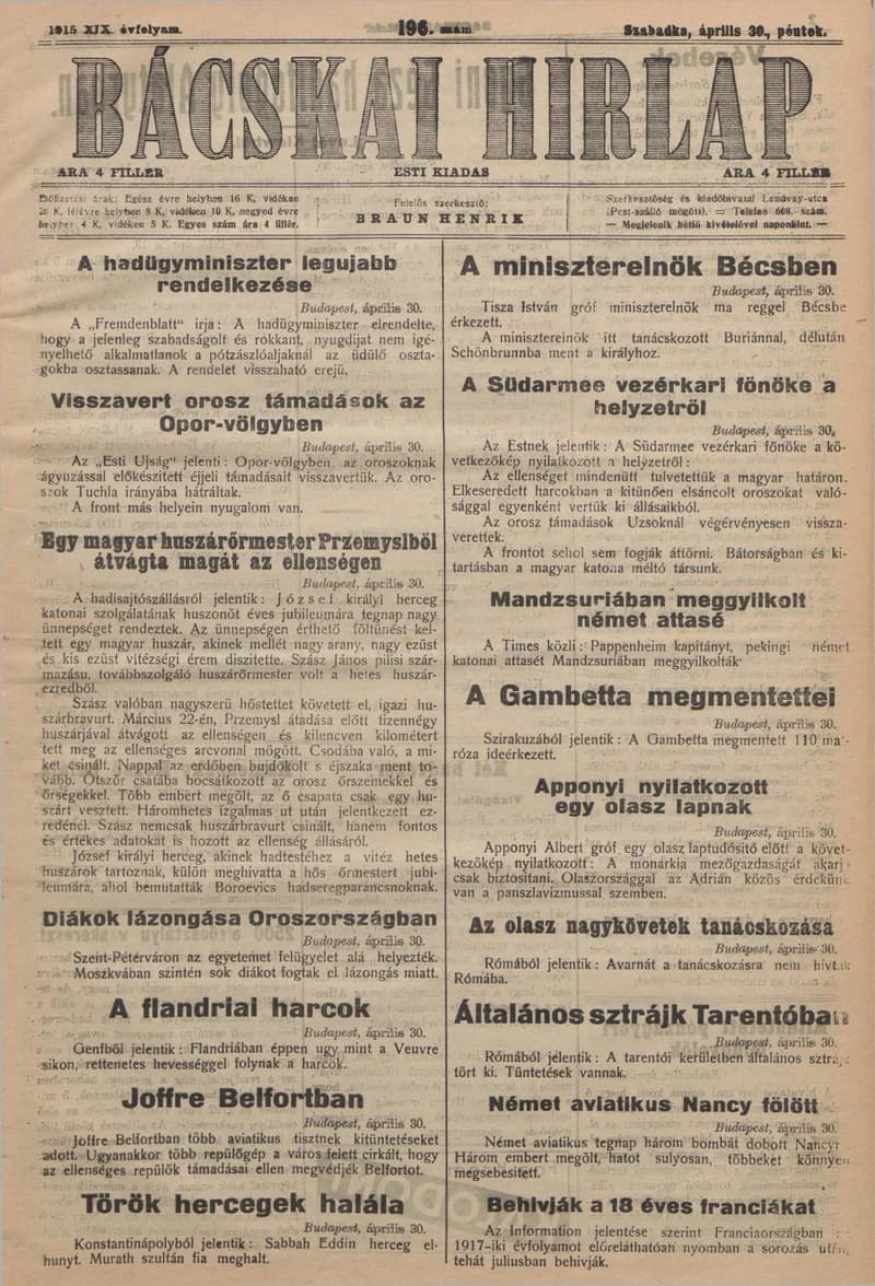 Bácskai Hirlap, 19. évf. 1915. április 30. 196. sz.