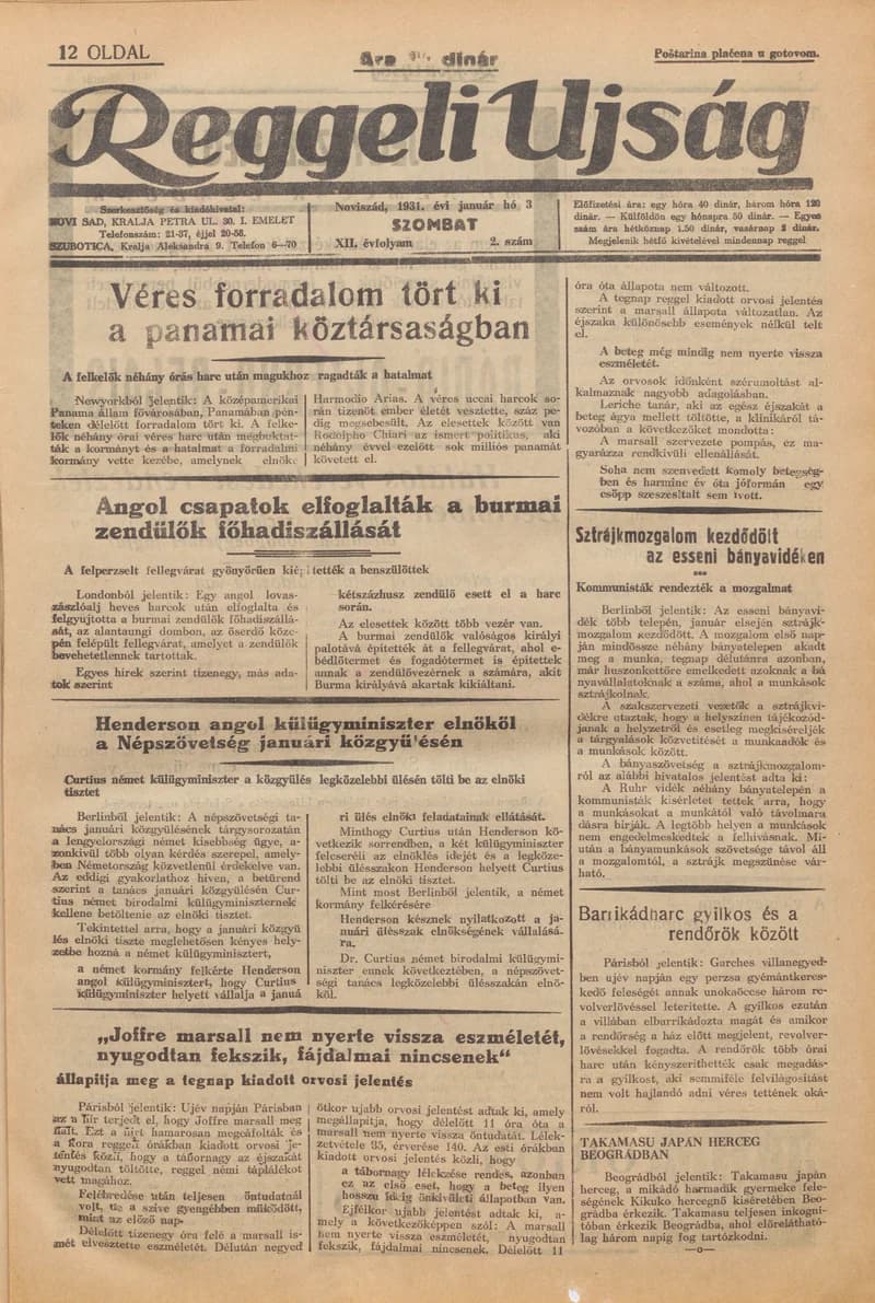 Reggeli Újság, 12. évf. 1931. január 3. 2. sz.