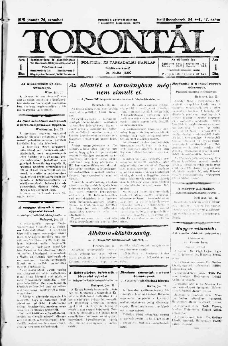 Torontál, 54. évf. 1925. január 24. 17. sz.
