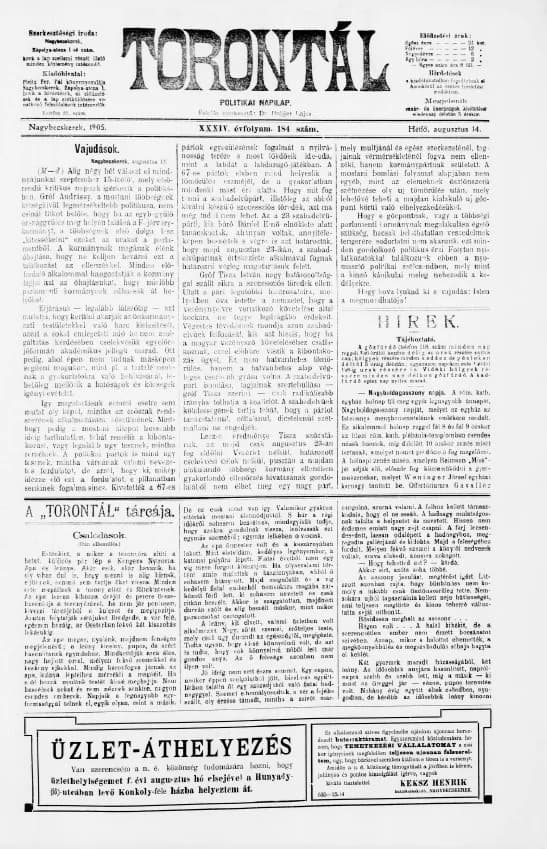 Torontál, 34. évf. 1905. augusztus 14. 184. sz.