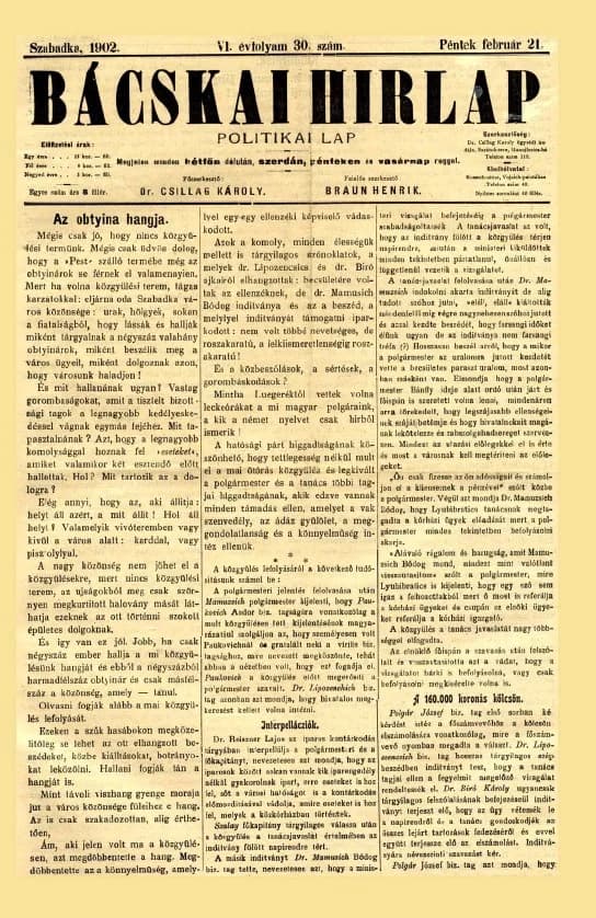 Bácskai Hirlap, 6. évf. 1902. február 21. 30. sz.