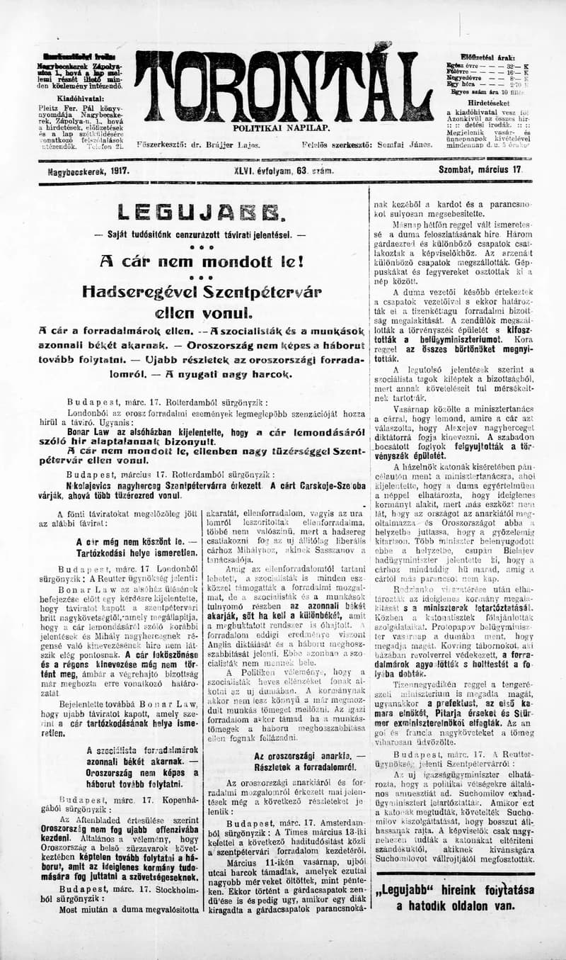 Torontál, 46. évf. 1917. március 17. 63. sz.