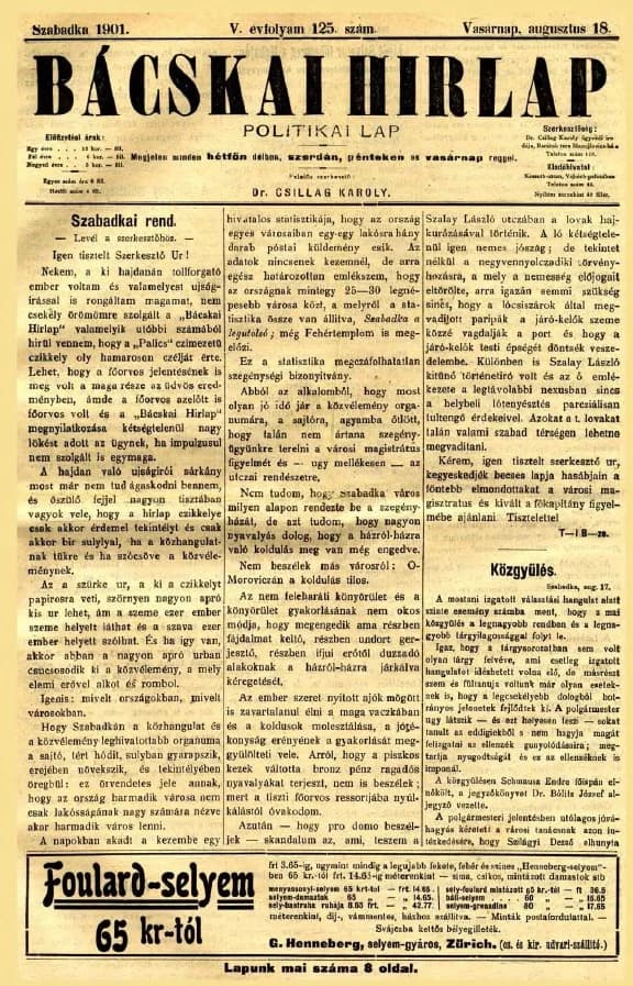 Bácskai Hirlap, 5. évf. 1901. augusztus 18. 125. sz.
