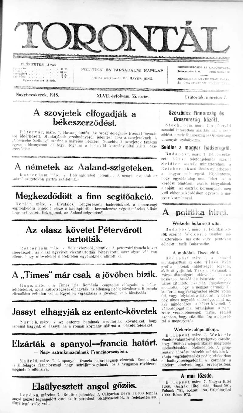 Torontál, 47. évf. 1918. március 7. 55. sz.