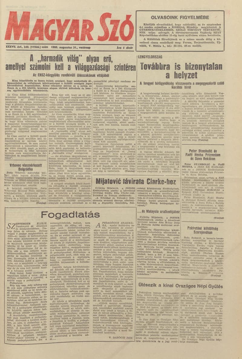 Magyar Szó, 37. évf. 1980. augusztus 31. 240. sz. 1–28. oldal