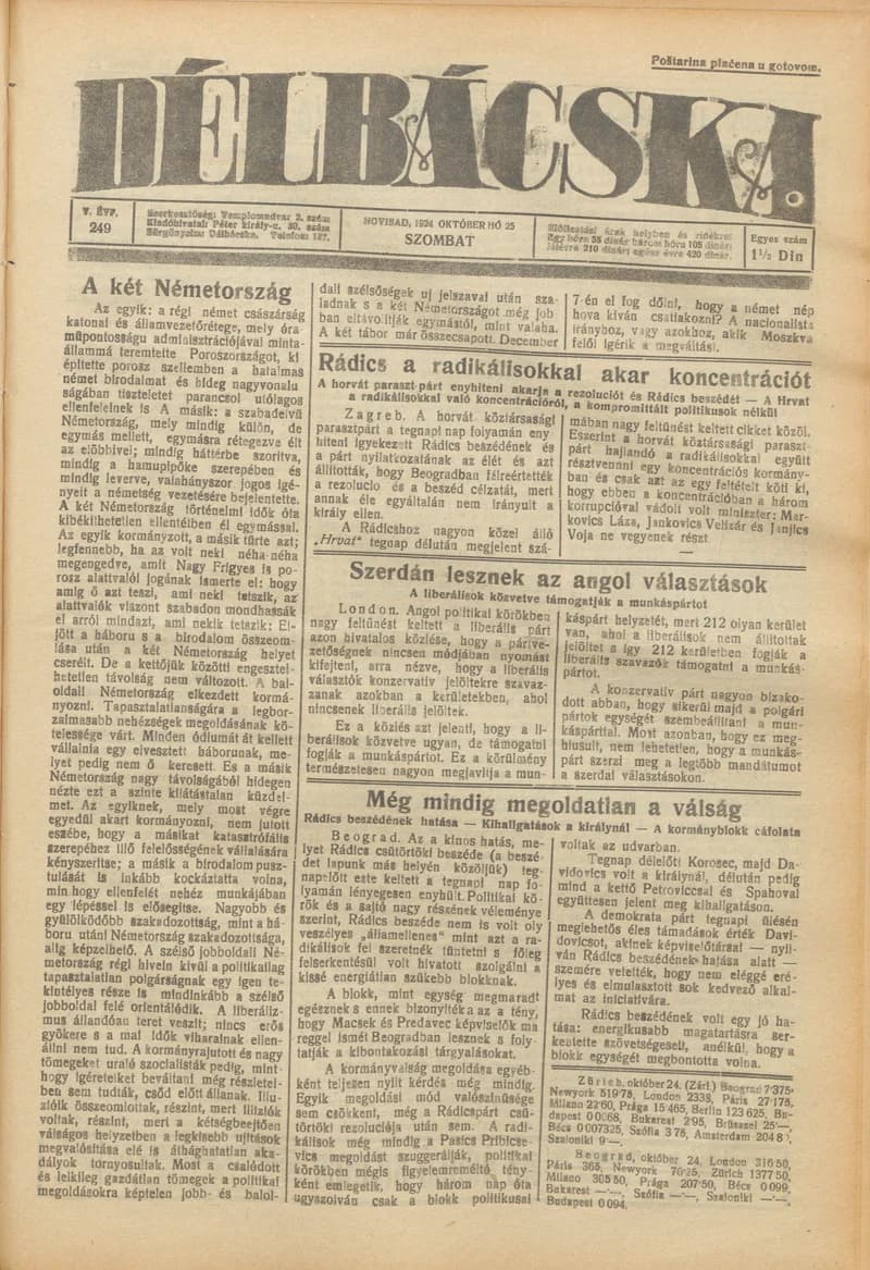 Délbácska, 5. évf. 1924. október 25. 249. sz.