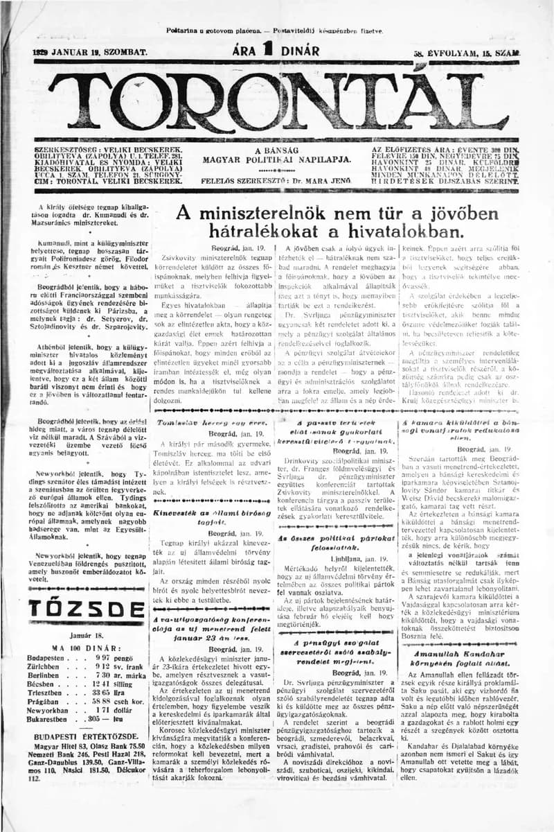 Torontál, 58. évf. 1929. január 19. 15. sz.