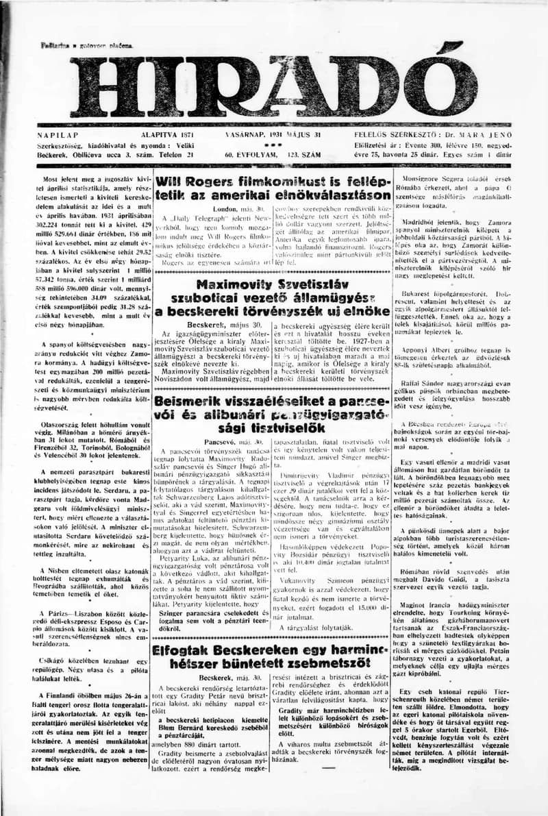 Híradó, 60. évf. 1931. május 31. 123. sz.