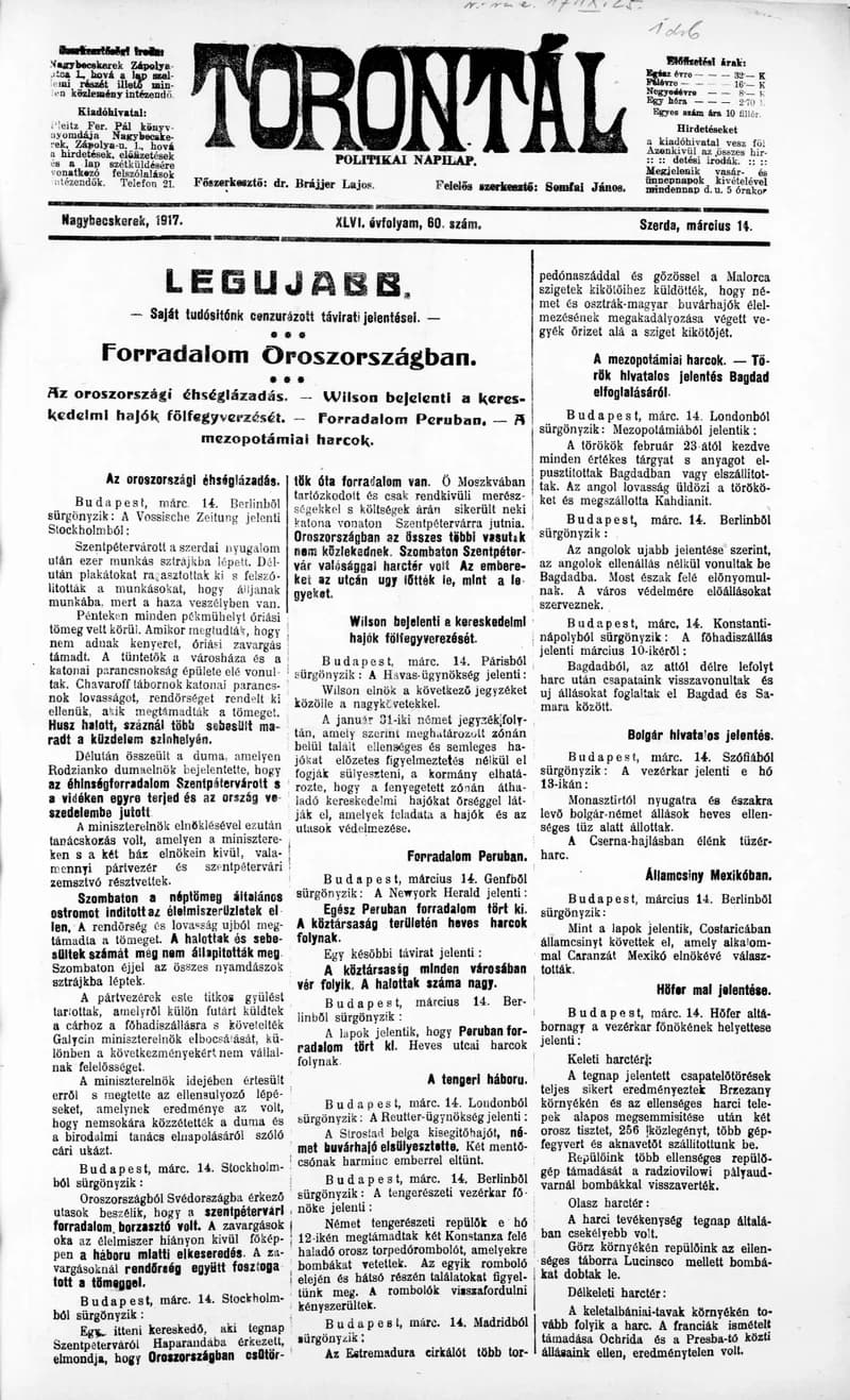Torontál, 46. évf. 1917. március 14. 60. sz.