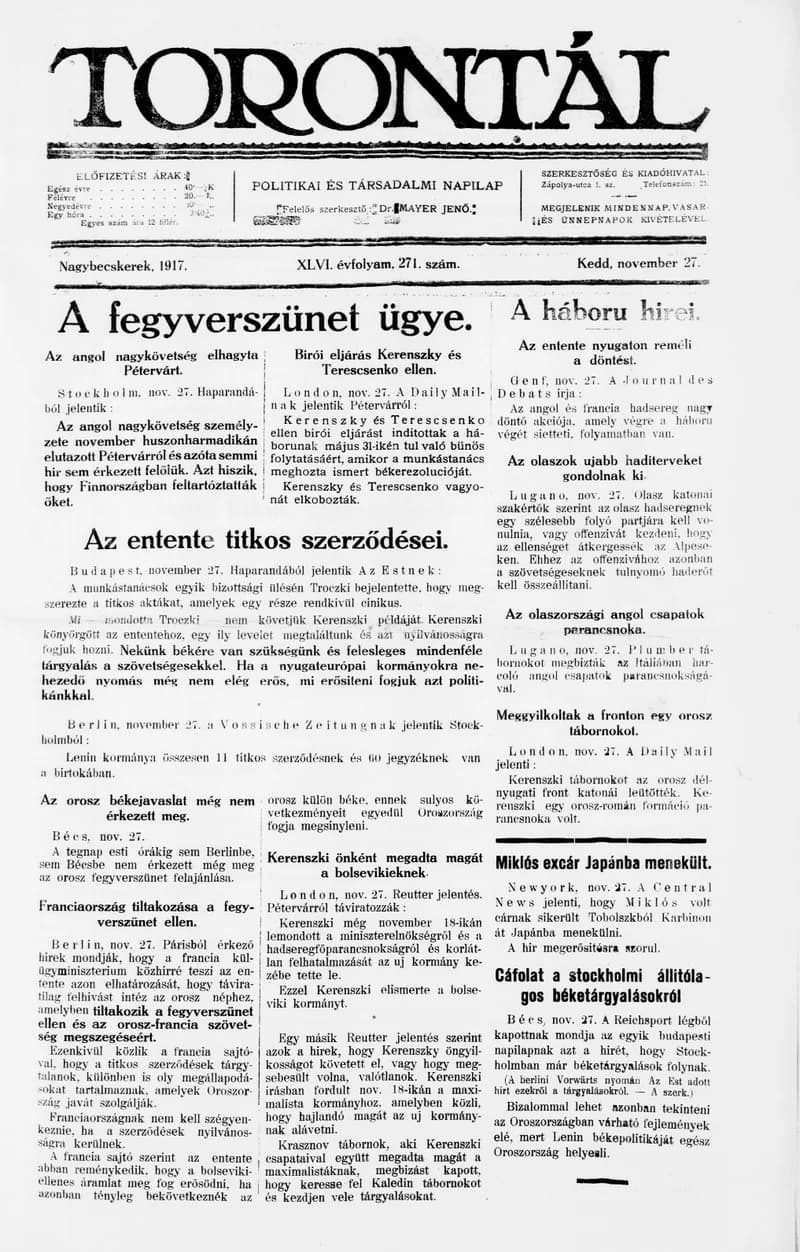 Torontál, 46. évf. 1917. november 26. 271. sz.