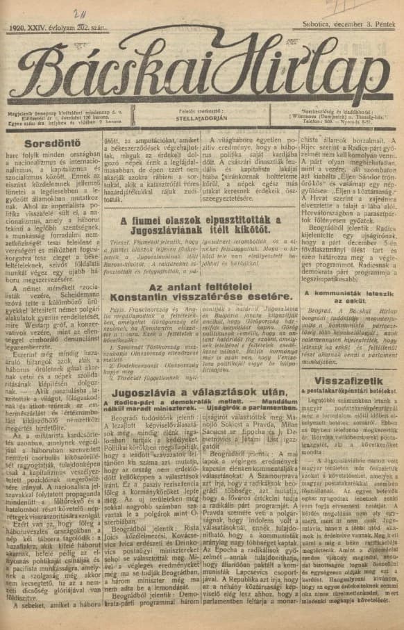 Bácskai Hirlap, 24. évf. 1920. december 3. 211. sz.