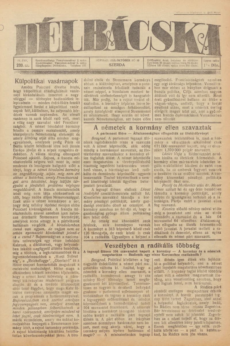 Délbácska, 4. évf. 1923. október 10. 233. sz.
