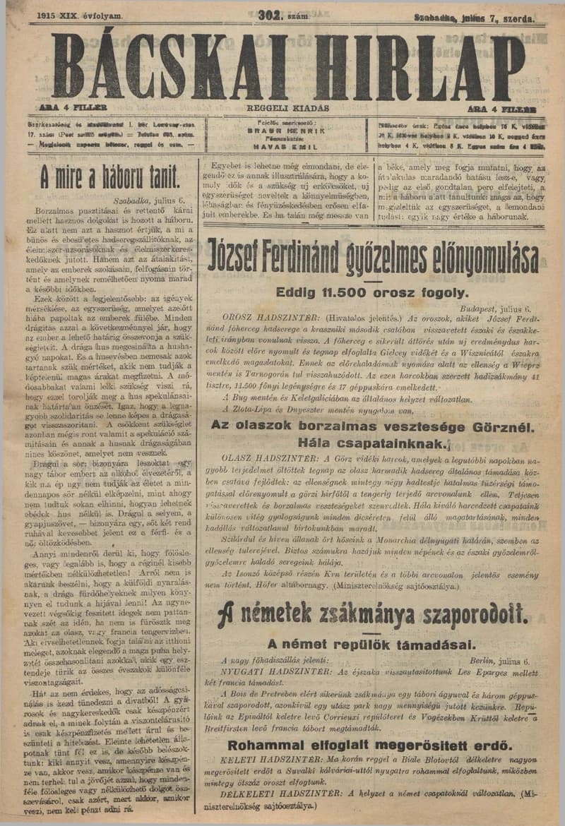 Bácskai Hirlap, 19. évf. 1915. július 7. 302. sz.