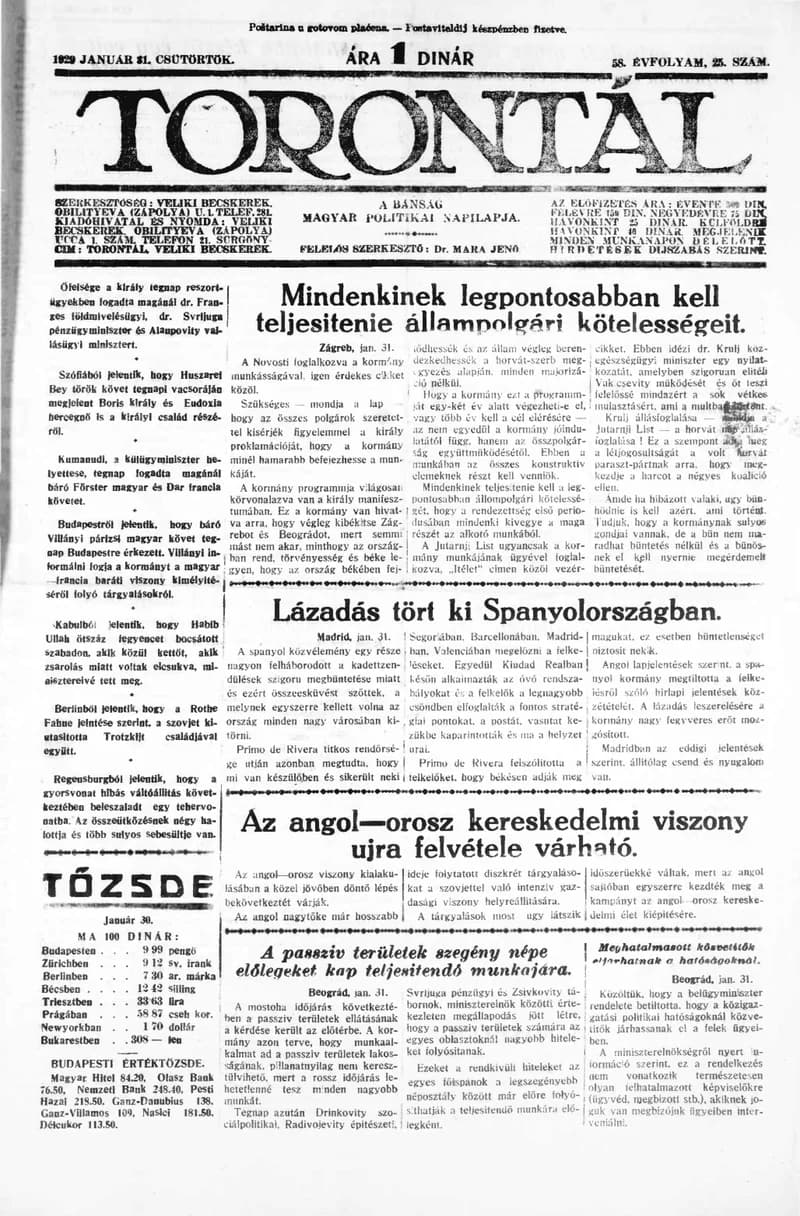 Torontál, 58. évf. 1929. január 31. 25. sz.