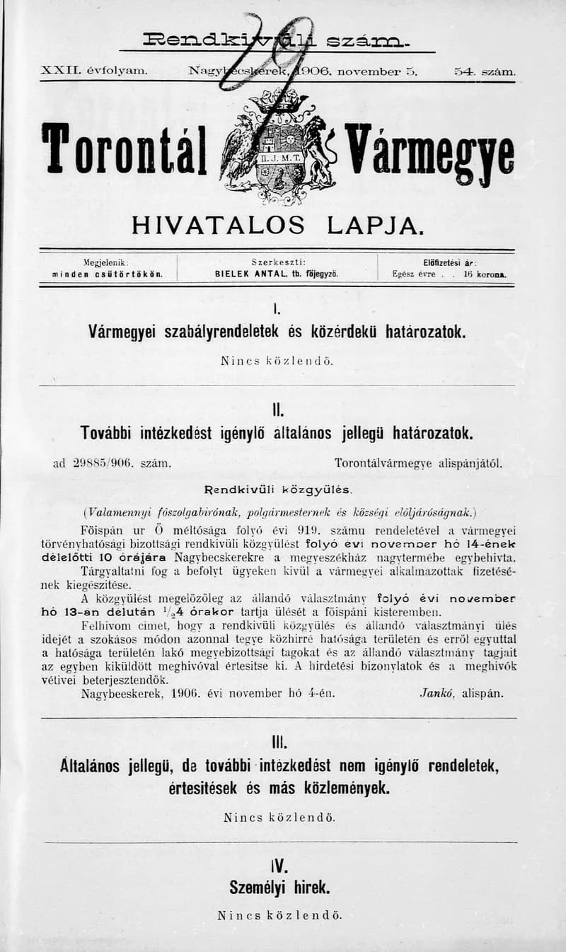 Torontál Vármegye Hivatalos Lapja, 22. évf. 1906. november 5. 54. sz.